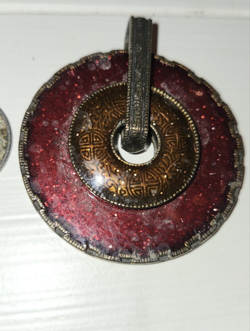 Round Red Enamel and Brass Pendant